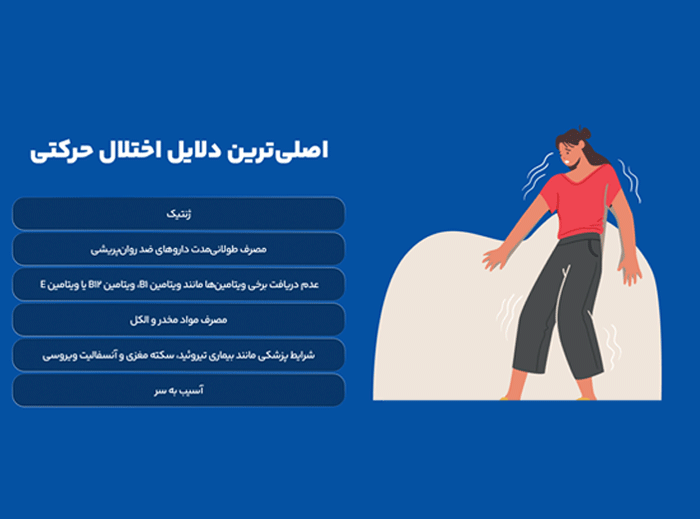 اینفوگرافیک اصلی‌ترین دلایل اختلال حرکتی (ژنتیک/ مصرف طولانی‌مدت داروهای ضد روان‌پریشی/ عدم دریافت برخی ویتامین‌ها مانند ویتامین B۱، ویتامین B۱۲ یا ویتامین E/ مصرف مواد مخدر و الکل/ شرایط پزشکی مانند بیماری تیروئید، سکته مغزی و آنسفالیت ویروسی/ آسیب به سر)